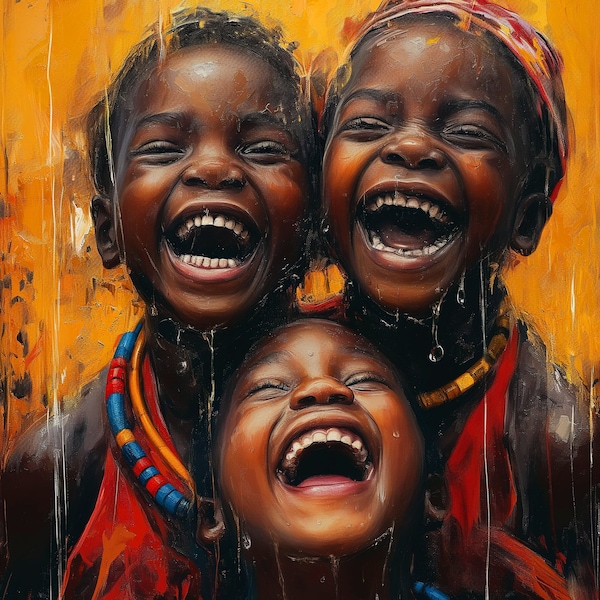 Joyful African Children Playing in Rain - Captivating Digital Artwork