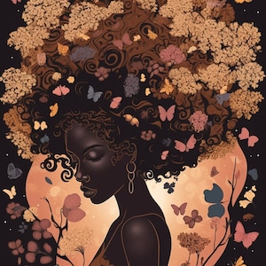 Butterfly Oasis: Arte afrocaribeño descargable - Luminosa ilustración de claroscuro africano con exquisitos elementos botánicos