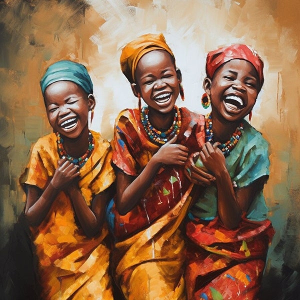 Joyful Sisterhood, African Children Laughing, African Black art, Digital Art African Black Art, Digital Download, Black Art Prints