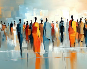 アフリカの抽象的な群衆アート - モダンウォールアートデジタルダウンロード、大きな印刷可能なアフリカの絵画、カラフルなグループ装飾、アートプリント