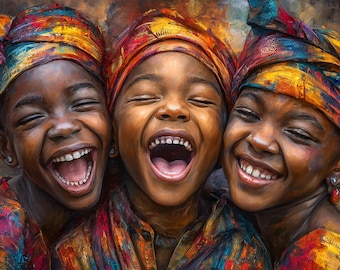 Arte murale con bambini africani gioiosi - Download digitale di ritratti di bambini neri colorati, decorazioni afrocentriche, stampe d'arte XL, poster di gioia nera