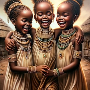Digital Download: Oil Artwork of Radiant African Girls Celebrating Unity with Ornate Jewelry Against Classic Village Sunrise Landscape