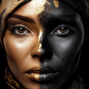 May include: A striking portrait of a person with a dramatic split face. One side is painted in radiant gold, the other in deep black. The lips are gold and black, and the eyes are brown. A gold and black head covering completes the look.