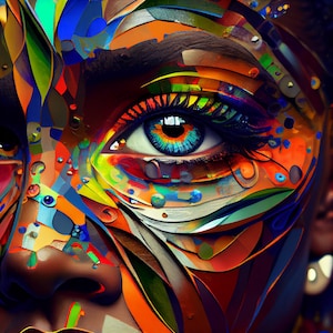 May include: Close-up of a woman's eye with colorful abstract makeup. The eye is blue with black eyelashes and a bright orange and yellow eyeshadow. The makeup is in a geometric pattern.