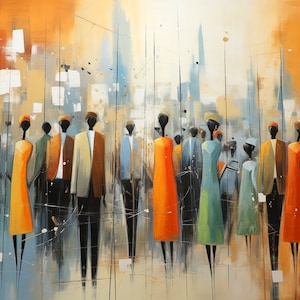 Cityscape Abstraction Meets African Tradition: Colorful Crowd in Light Aquamarine & Brown - Large Canvas Digital Download