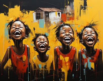 Puede incluir: Cuatro personas de piel oscura están riendo con la boca abierta. Todos llevan ropa colorida y están sobre un fondo amarillo con salpicaduras de pintura.