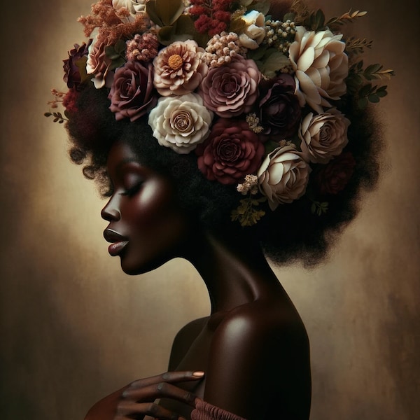 Floral Majesty - Digital Art of Woman with Blooming Headdress, African Beauty Portrait, Instant Download Wall Art