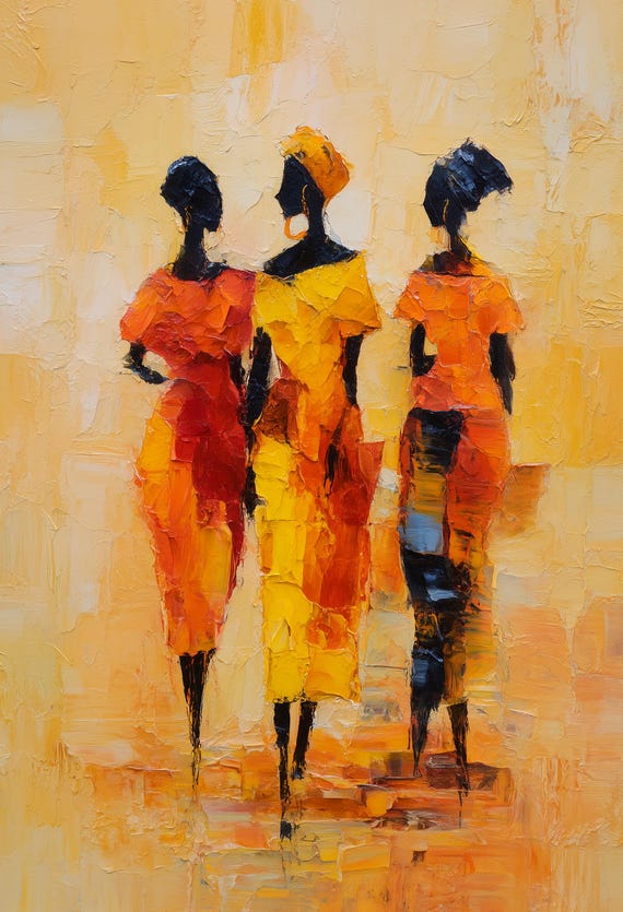 Sisterhood Abstract Art, Three Black Women Print, Orange Yellow