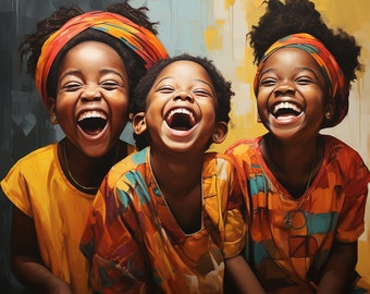 African Children Laughing, Joyful Sisterhood, African Black art, Digital Art African Black Art, Digital Download, Black Art Prints