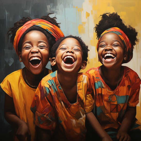 African Children Laughing, Joyful Sisterhood, African Black art, Digital Art African Black Art, Digital Download, Black Art Prints