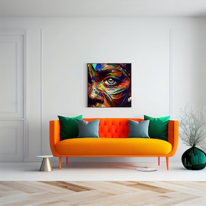 May include: A colorful abstract painting of a woman's eye. The eye is blue and surrounded by vibrant colors, including orange, yellow, green, and purple.