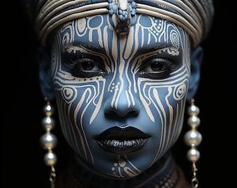 Digital Download Art: Intricate Dark Woman in Blue Face Paint & Turban - Close-Up