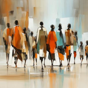 Abstrakt konst med människor som går, stort väggkonsttryck, orangeblå samhällsmålning, digital nedladdning av afroamerikansk konst, 100x76