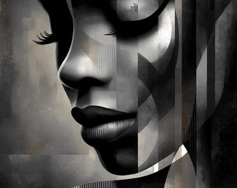 Abstrakcyjna twarz B&W Art, Nowoczesny wydruk geometryczny, Monochromatyczna dekoracja ścienna, Pobieranie cyfrowe