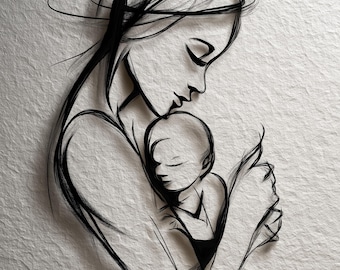Mother's Love Line Art, Mom and Baby Sketch, Minimalist Nursery Decor, Printable B&W Art