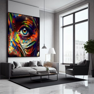 May include: Abstract painting of a colorful eye with geometric shapes and patterns. The eye is blue with a black pupil and surrounded by orange, yellow, green, and blue colors.