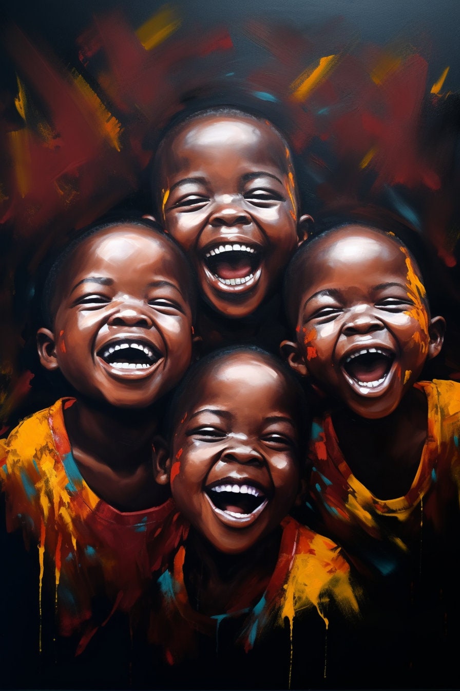 African Children Laughing, African Black Art, Digital Art African Black