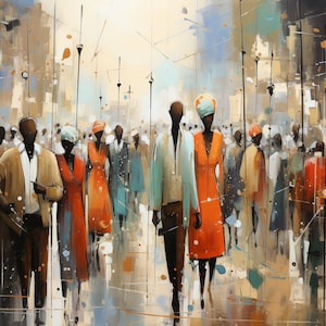 African Essence in Abstract Cityscape: Detailed Crowd in Light Aquamarine & Brown - Digital Art Download