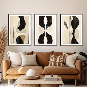 Wall Art Set of 3 Black and Beige Abstract Art Farmhouse Decor Bedroom Wall Art, Living Room Art, Printable, Modern Minimal Neutral Gallery