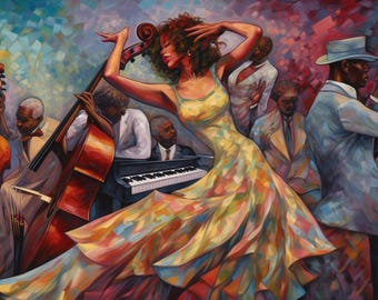 Black Jazz Dancer Art, Vibrant Music Scene Print, African American Musicians Painting, Large Wall Art Digital Download, 100x56