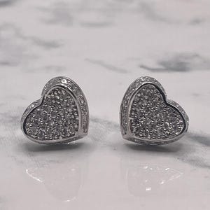 Sterling Silver Heart Stud Earrings, Tri Stone Heart, Cubic