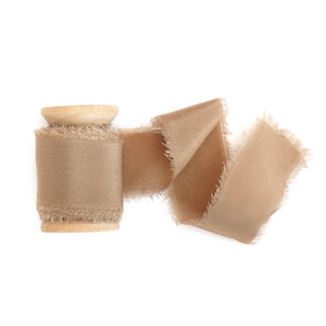 Brown Tan Khaki Silk Ribbons in Dreamy Colors for Wedding Invitations Raw Edge Silk Crepe Ribbon Invitation Stationary Gift Wrap Hand Dyed