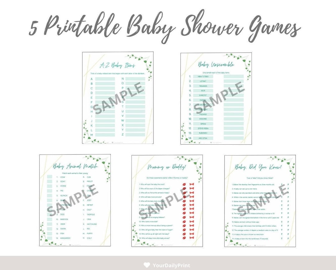Baby Shower PRINTABLE Games Bundle Template [vinesgoldlines],simple ...
