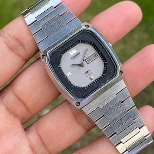 Reloj Citizen automático cuadrado vintage raro, modelo Ref. n.° 4-283767 KT, función de día/fecha, esfera plateada, fabricado en Japón, 74-8757, pulsera unisex.