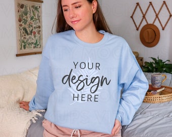 Gildan 18000 Mockup LIGHT BLUE Sweatshirt Mockup, Oversized Crewneck Sweatshirt Mockup Baby Blue, Cozy Mockup, Boho Mockup G180 Model Mockup