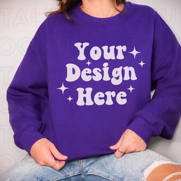 Gildan 18000 Mockup PURPLE Sweatshirt Mockup, Oversized Crewneck Sweatshirt Mockup PURPLE Sweater Mockup G180, Trendy Mockup Minimal Mock up