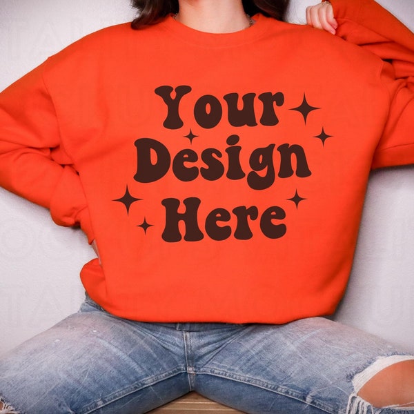 Gildan 18000 Mockup ORANGE Sweatshirt Mockup, Oversized Crewneck Sweatshirt Mockup ORANGE Sweater Mockup G180, Trendy Mockup Minimal Mock up