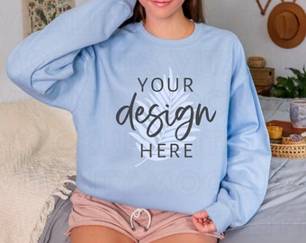 Gildan 18000 Mockup LIGHT BLUE Sweatshirt Mockup, Oversized Crewneck Sweatshirt Mockup Baby Blue, Cozy Mockup, Boho Mockup G180 Model Mockup