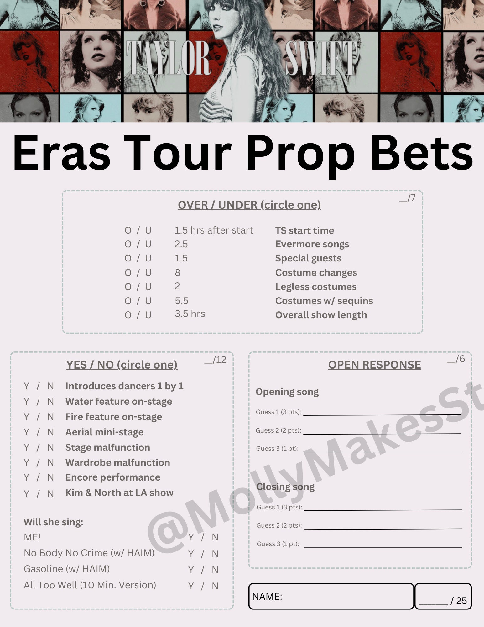 Taylor Swift Eras Tour Prop Bet Sheet Etsy