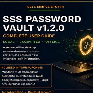 Peut inclure: Un graphique de produit numérique pour SSS Password Vault v1.2.0, un gestionnaire de mots de passe de bureau sécurisé et hors ligne. Le fond sombre présente un ordinateur portable affichant une icône de bouclier lumineux avec une serrure.