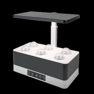 May include: A white and gray hydroponic gardening system with six clear dome-shaped growing pods and a black light fixture. The system has a control panel with buttons for power, timer, and water level.