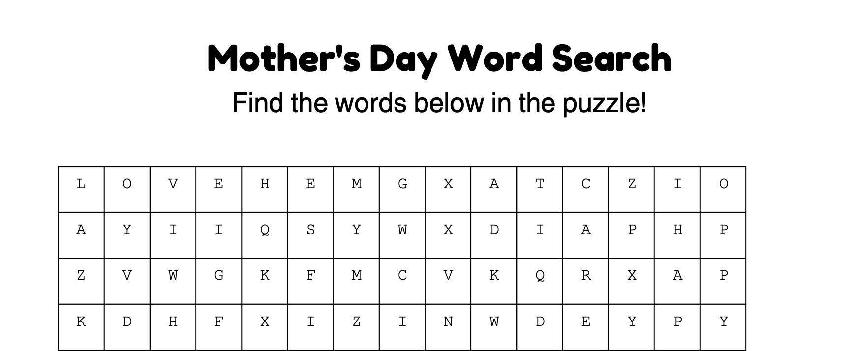 Mother's Day Word Search Printable | Kids Activity Worksheet | Black ...
