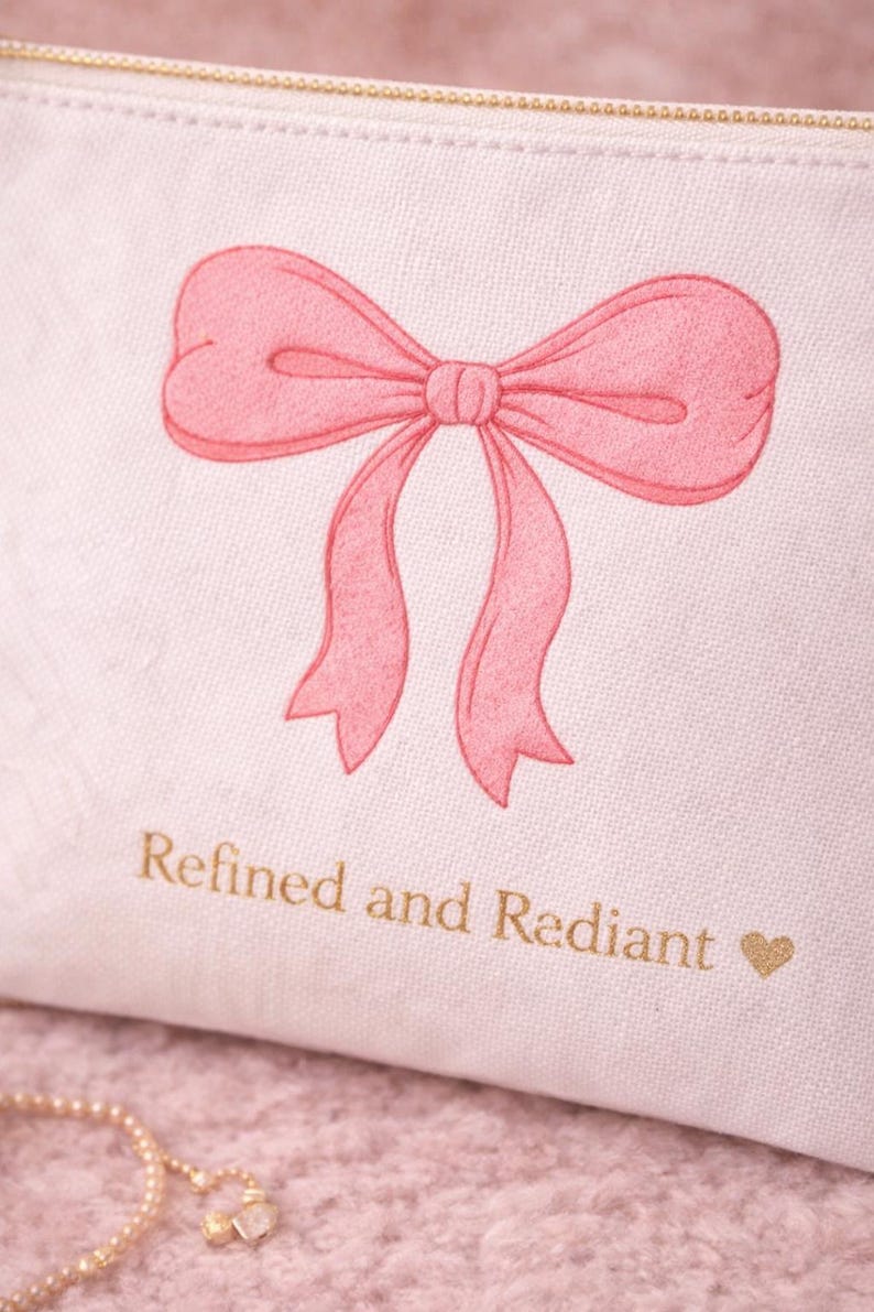 Rosa rosett accessoarpåse, raffinerad och strålande sminkväska, feminin sminkväska, kokett estetisk resepåse, present till henne bild 5