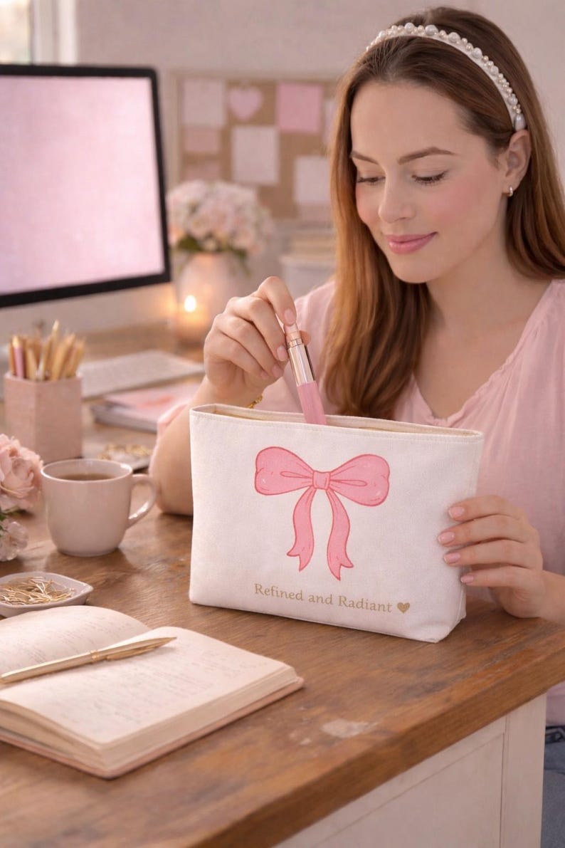Rosa rosett accessoarpåse, raffinerad och strålande sminkväska, feminin sminkväska, kokett estetisk resepåse, present till henne bild 2