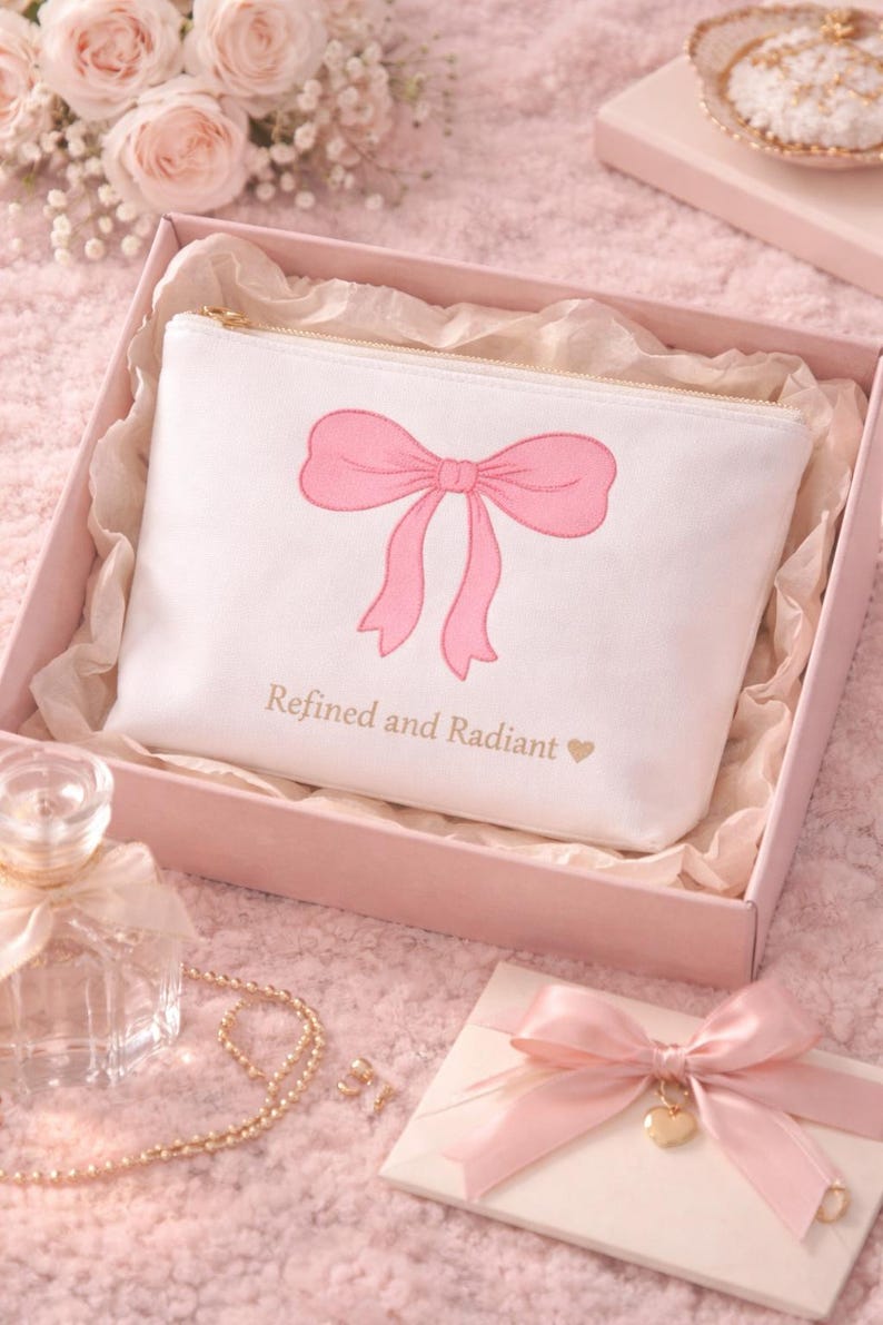 Rosa rosett accessoarpåse, raffinerad och strålande sminkväska, feminin sminkväska, kokett estetisk resepåse, present till henne bild 4