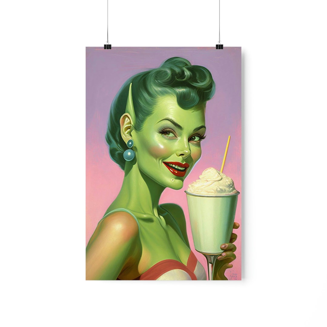 Retro Alien Pinup Girl, Cool Alien Printable, Custom Wall Art, Digital