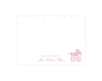 Scalloped Floral Pram Stationery, Newborn Nursery Notecards, Personalized Watercolor Stationery with Envelopes, Girl's Pink Stationery