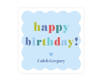 Printable Boy's Scalloped Happy Birthday Calling Cards, Colorful Enclosure Cards, Blue Scallop Stationery
