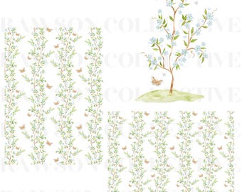 Clipart di stemma Chinoiserie blu acquerello, motivo senza soluzione di continuità dipinto a mano, arte per designer di articoli di cancelleria, sfondo trasparente PNG