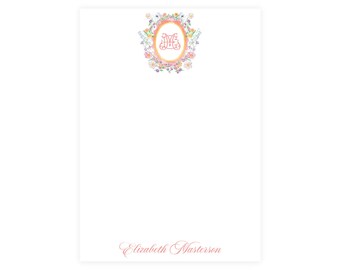 Summer Soiree Notepad, 50 pages, Custom Personalized Notepad, Monogram Floral Crest Notepad, Watercolor Stationery