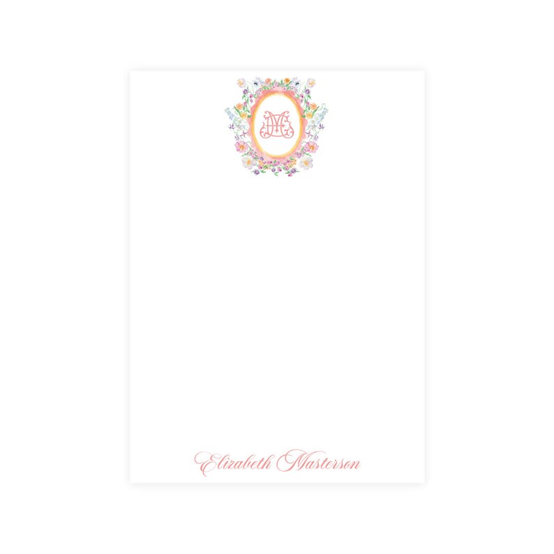 Summer Soiree Notepad, 50 pages, Custom Personalized Notepad, Monogram Floral Crest Notepad, Watercolor Stationery image 1