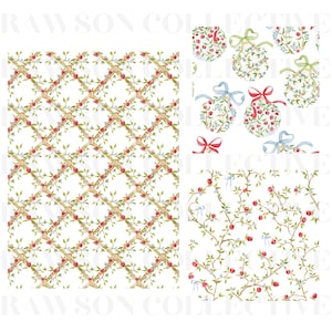 May include: A digital pattern sheet featuring three distinct sections: a left panel with a diamond trellis of climbing rose vines, a top right panel of round ornaments decorated with roses and bows, and a bottom right panel of scattered rose vines.