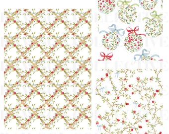 水彩画風ホリデーシノワズリークリップアート、クリスマス手描きシームレスパターン、ステーショナリーデザイナー向けアート、透明背景PNG