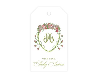 Palm Springs Crest Gift Tags, Custom Personalized Monogram Gift Tags, Watercolor Floral Gift Tags