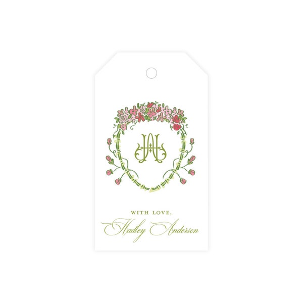 Palm Springs Crest Gift Tags, Custom Personalized Monogram Gift Tags, Watercolor Floral Gift Tags