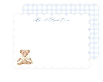 Scalloped Teddy Bear Stationery Set, Newborn Notecards, Personalized Watercolor Stationery with Envelopes, Boy's Blue Nursery Stationery